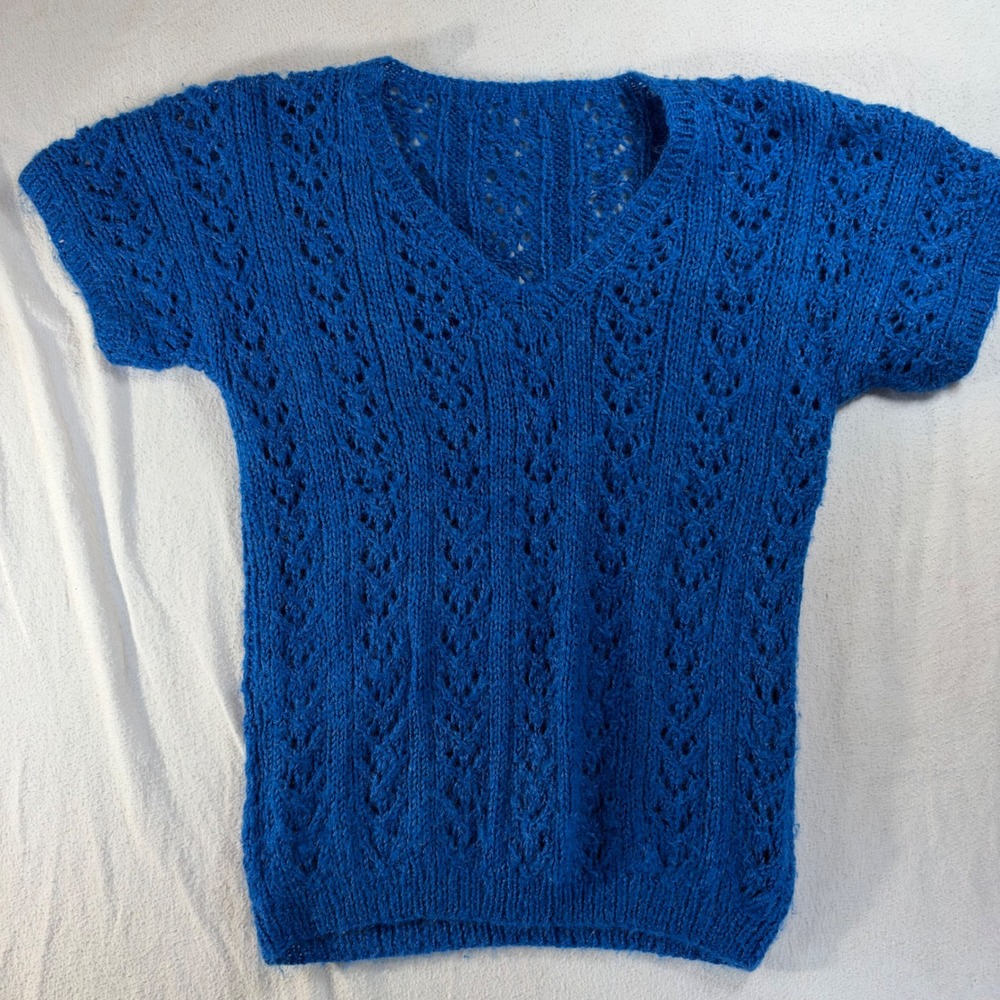 Handmade Royal Blue Pointelle Knit V-Neck Short Sleeve Sweater Top